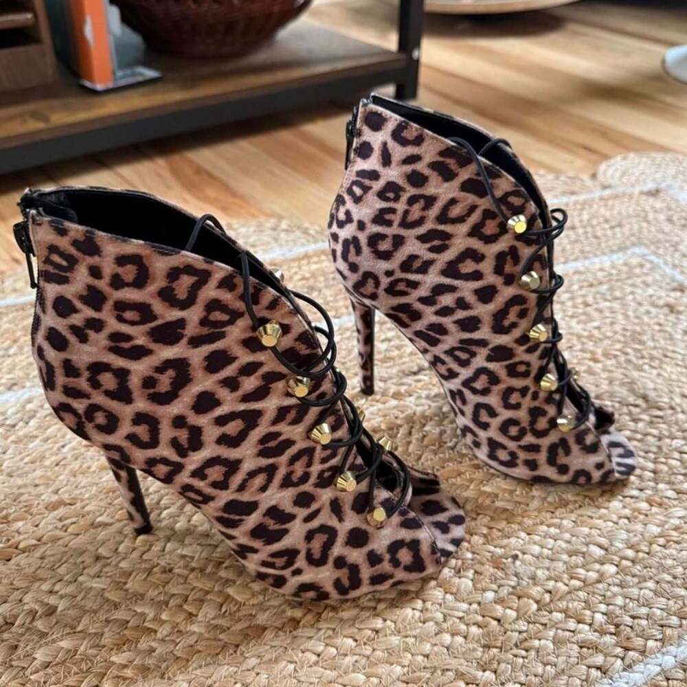 Fashion Nova Leopard Print Lace-Up Stiletto Peep Toe Booties